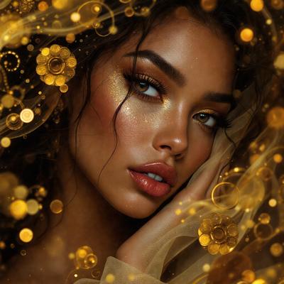 The primary subject of the image is a woman with long hair, wearing a gold dress. She is posing for the camera with a smile on her face. The setting is a room with a gold background, which adds to the overall atmosphere of the image. The visual style is a combination of photo and digital art, creating a unique and eye-catching portrait. The colors and mood of the image are warm and inviting, with the gold dress and background creating a sense of luxury and elegance.